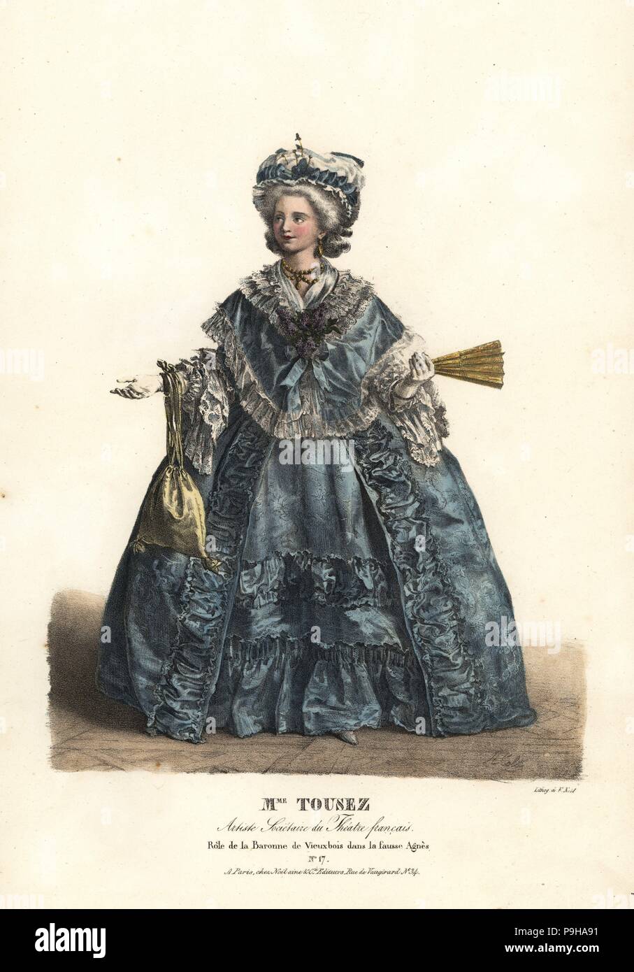 Charlotte Tousez als Baronne de Vieuxbois La Fausse Agnes von Nericault Destouches, Theatre Francais, 1823. Handkoloriert Lithographie von F. Noel nach einer Illustration von Alexandre-Marie Colin aus Porträts d'Acteurs et d'Actrices Dans verschiedene Rollen, F. Noel, Paris, 1825. Stockfoto