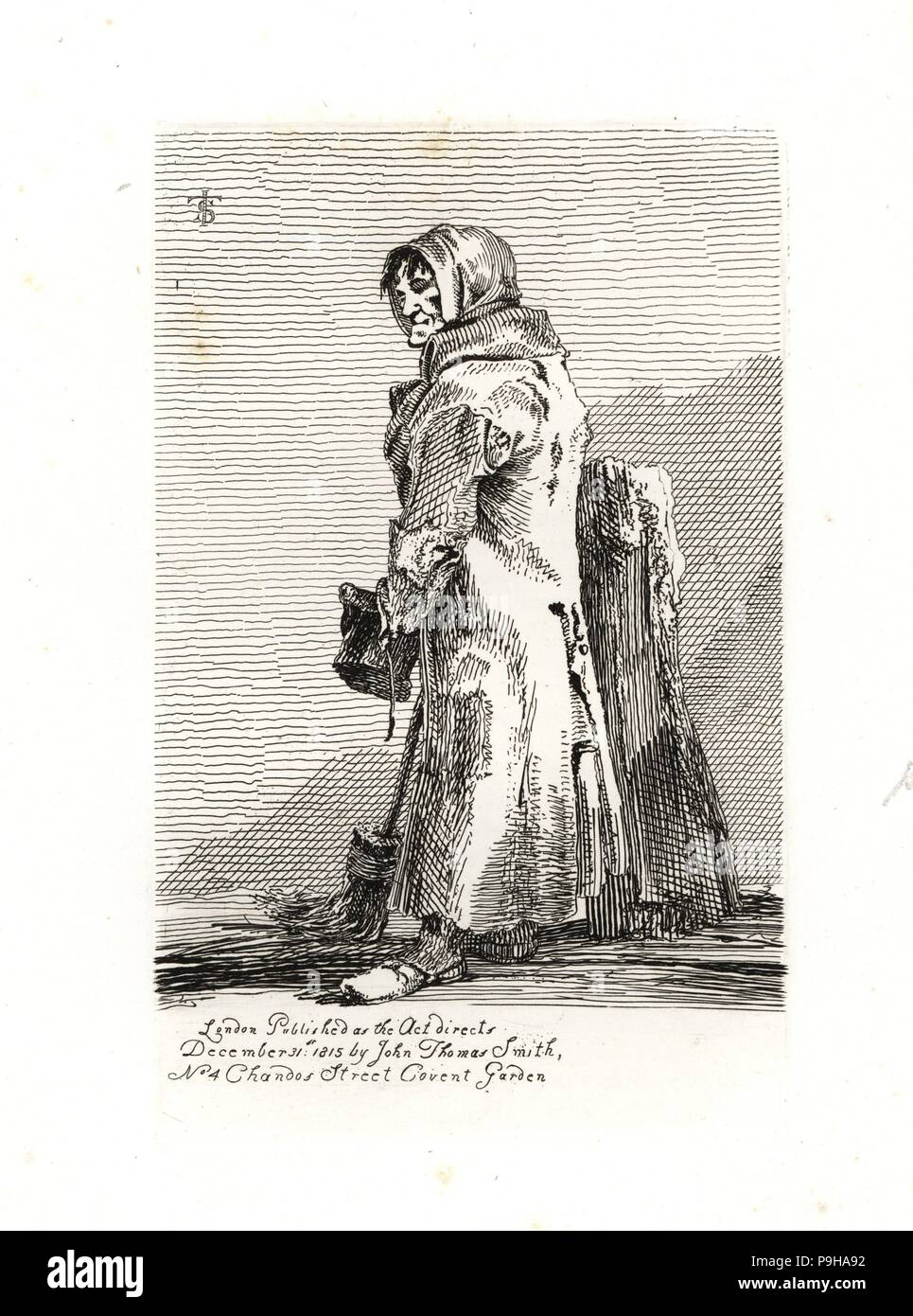 Kreuzung sweeper auf Ludgate Hill tragen ein Tuch auf den Kopf. Kupferstich und Radierung von John Thomas Smith aus seinem Vagabondiana, Anekdoten von bettelmönch Wanderers durch die Straßen von London, 1817 eingraviert. Stockfoto