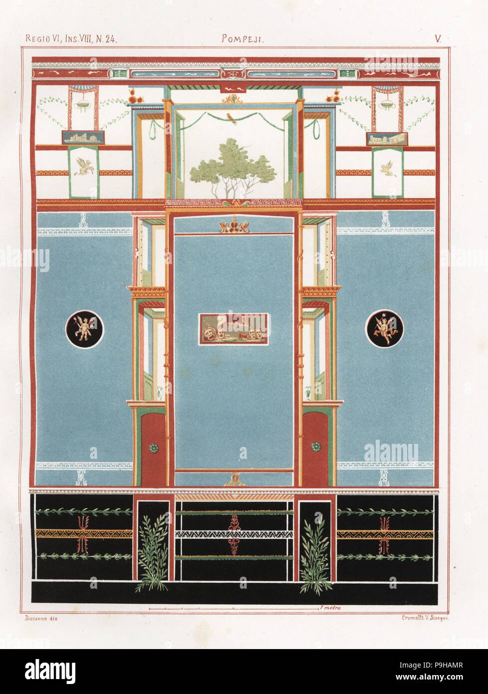 Wandbild mit der theatralischen Masken vom tablinum eines Hauses in VI.8.24.. Chromolithograph von Victor Steeger nach einer Illustration von geremia Discanno von Emile Presuhn's Les Plus Belles Peintures de Pompei (Die schönsten Gemälde von Pompeji), Leipzig, 1881. Stockfoto