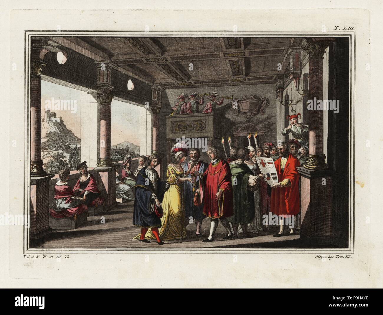 Eine Erntedank-zeremonie und Zeigen der heraldischen Arme vor einem Turnier. Ritter' Helme und Schilde wurden für Ihre heraldische Richtigkeit geprüft. Von einer Abbildung in Georg Ruxner die Ursprünge des Tourney in der deutschen Nation, 1532. Papierkörbe Kupferstich von Robert von Spalart das historische Bild der Kostüme der wichtigsten Menschen der Antike und des Mittelalters, Chez Collignon, Metz, 1810. Stockfoto