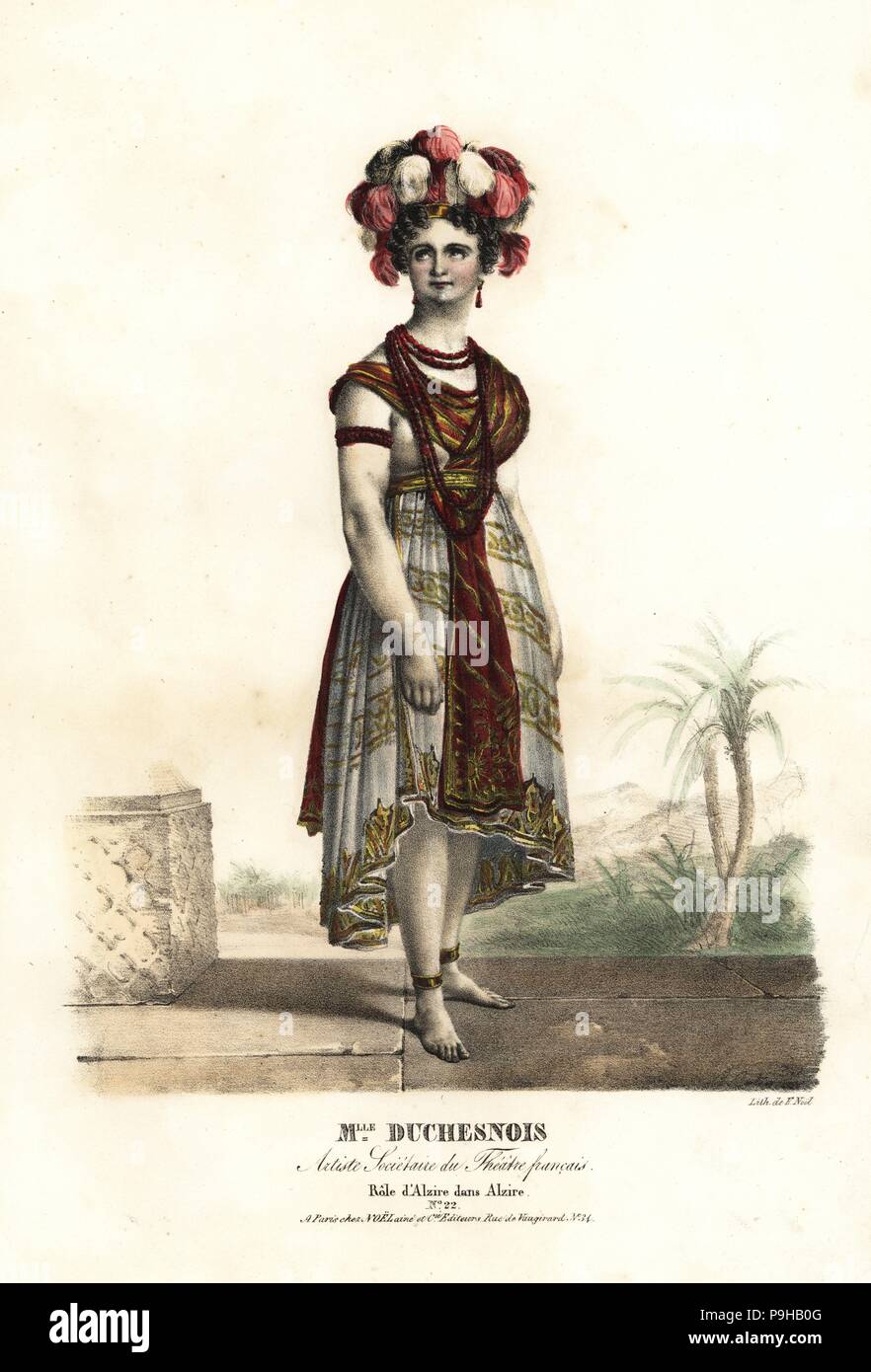 Fräulein Josephine Duchesnois als Alzire in Alzire von Voltaire, Theatre Francais, 1813. Handkoloriert Lithographie von F. Noel nach einer Illustration von Alexandre-Marie Colin Lavigne Marin von Porträts d'Acteurs et d'Actrices Dans verschiedene Rollen, F. Noel, Paris, 1825. Stockfoto