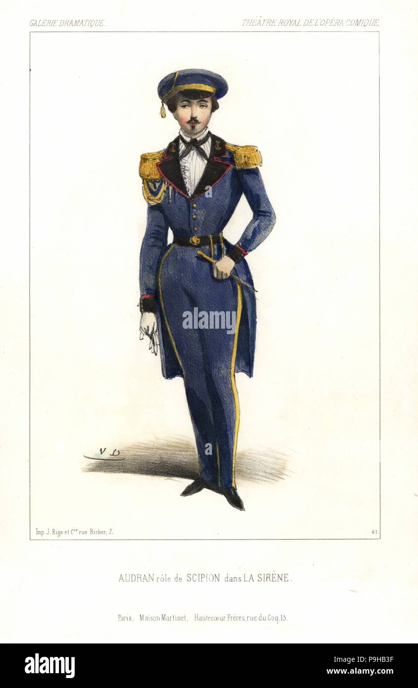 Tenor Sänger Marius-Pierre Audran als Scipion in La Sirene von Daniel Auber und Eugene Scribe, das Theatre Royal de l'Opéra Comique, 1844. Papierkörbe Lithographie nach einer Zeichnung von Victor Dollet vom Galerie Dramatique: Kostüme des Theater de Paris, Paris, 1845. Stockfoto