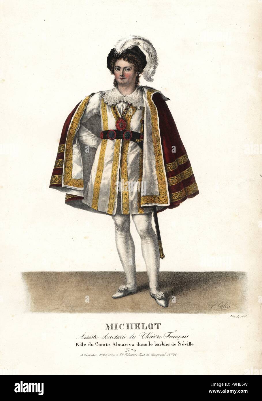 Schauspieler Pierre Marie Nicolas Michelot als der Comte Almaviva in Le Barbier de Seville von Pierre Beaumarchais, Theatre Francais. Handkoloriert Lithographie von F. Noel nach einer Illustration von Alexandre-Marie Colin aus Porträts d'Acteurs et d'Actrices Dans verschiedene Rollen, F. Noel, Paris, 1825. Stockfoto