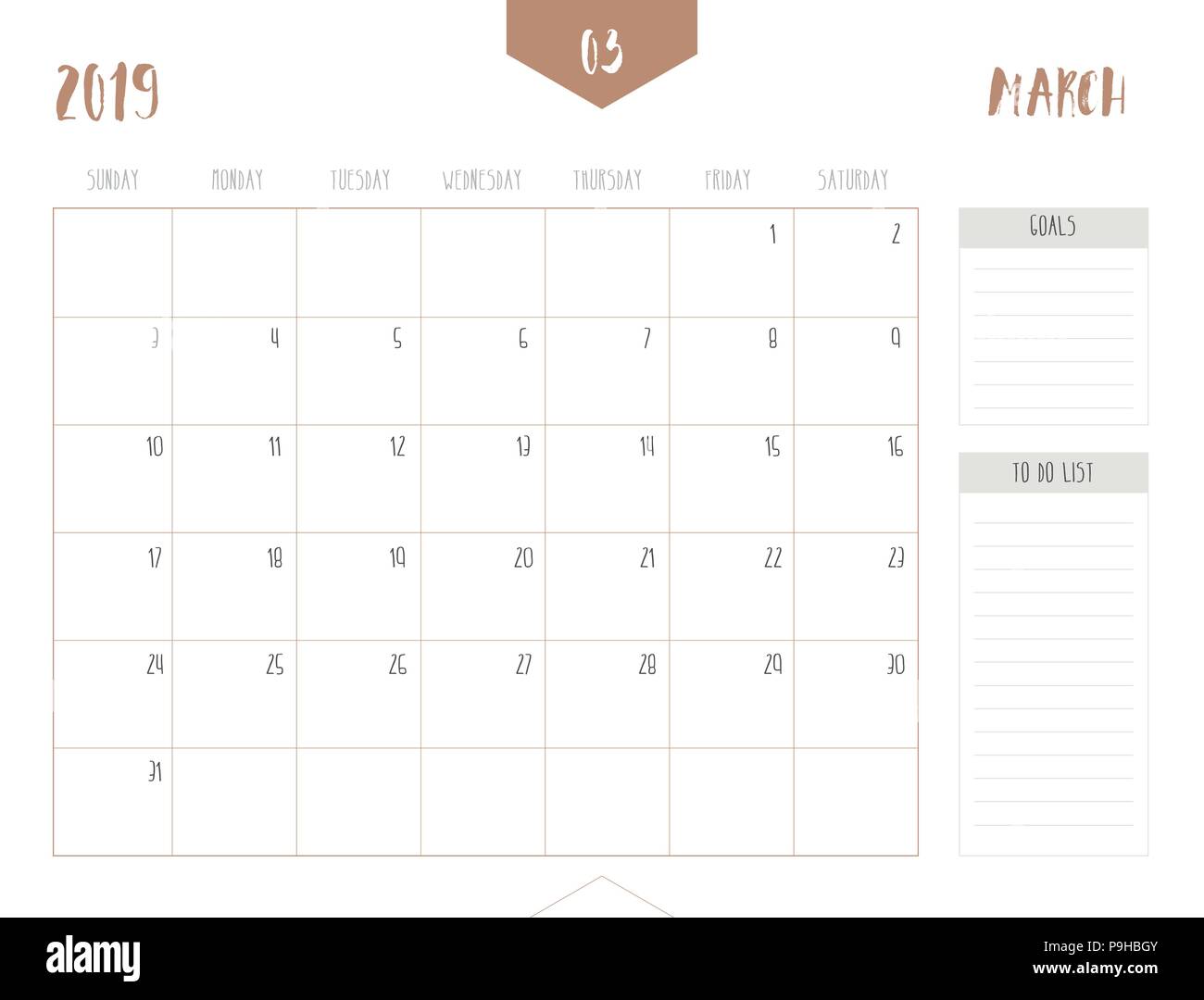Der Vektor der Kalender 2019 (März) in einfachen sauberen Tisch Stil mit Zielen und zu tun, "Liste; volle Größe 21 x 16 cm; Woche starten am Sonntag Stock Vektor