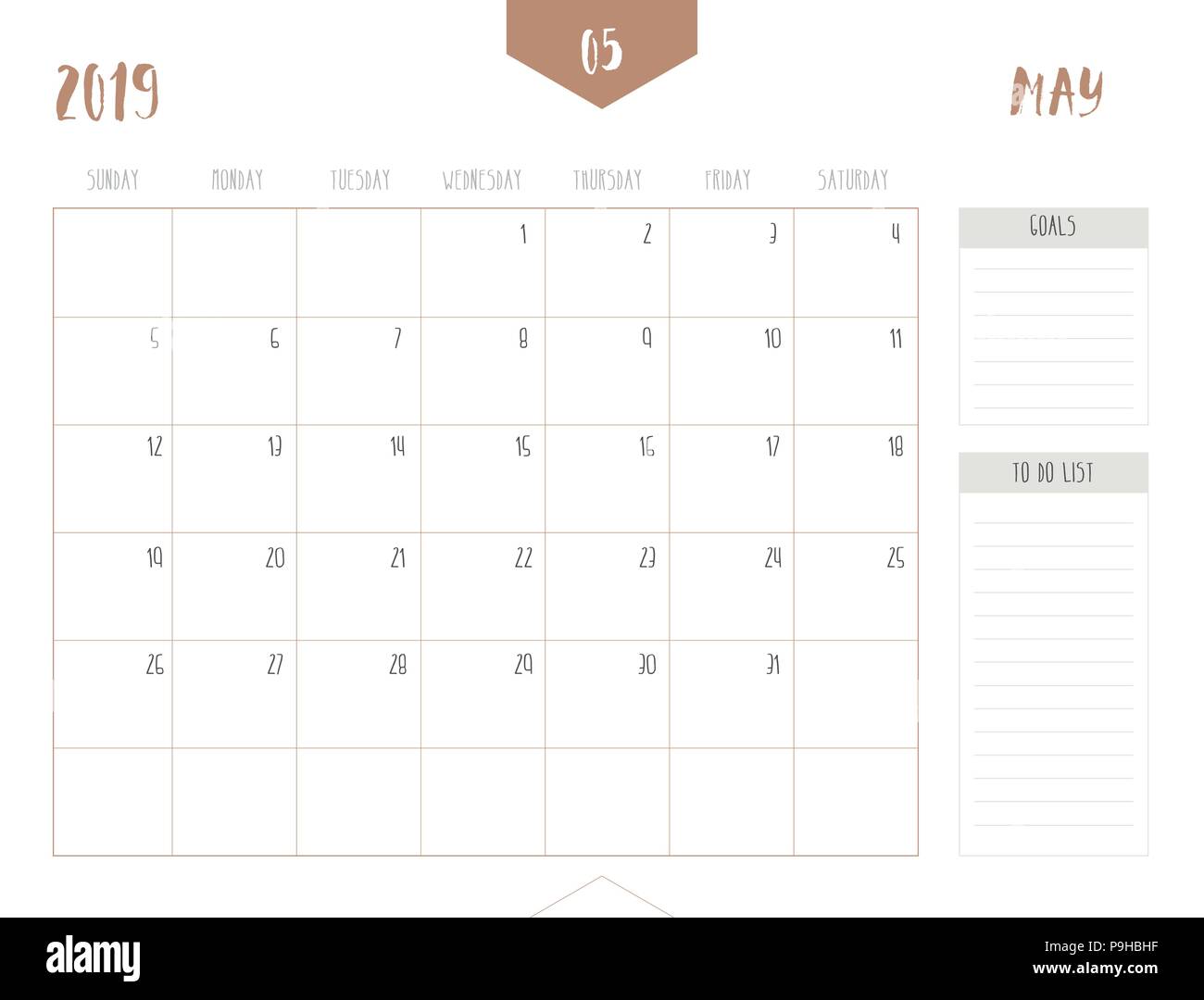 Der Vektor der Kalender 2019 (Mai) in einfachen sauberen Tisch Stil mit Zielen und zu tun, "Liste; volle Größe 21 x 16 cm; Woche starten am Sonntag Stock Vektor