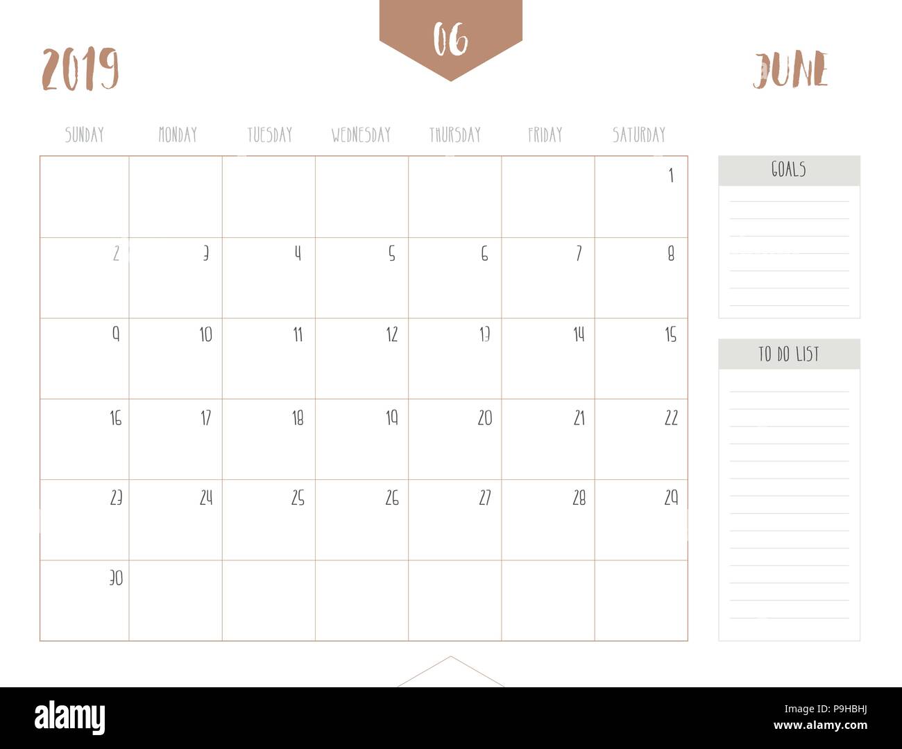 Der Vektor der Kalender 2019 (Juni) in einfachen sauberen Tisch Stil mit Zielen und zu tun, "Liste; volle Größe 21 x 16 cm; Woche starten am Sonntag Stock Vektor