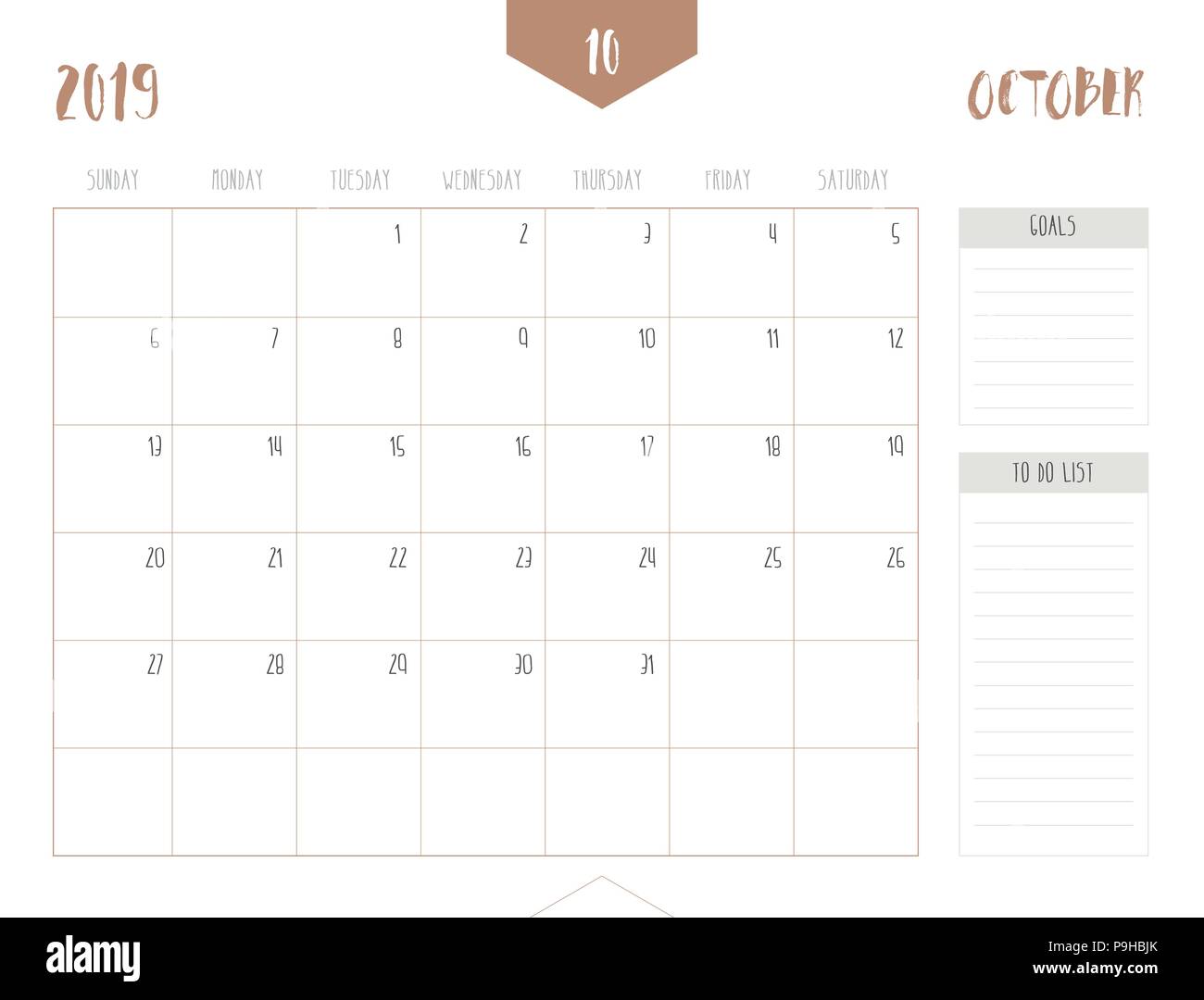 Der Vektor der Kalender 2019 (Oktober) in einfachen sauberen Tisch Stil mit Zielen und zu tun, "Liste; volle Größe 21 x 16 cm; Woche starten am Sonntag Stock Vektor