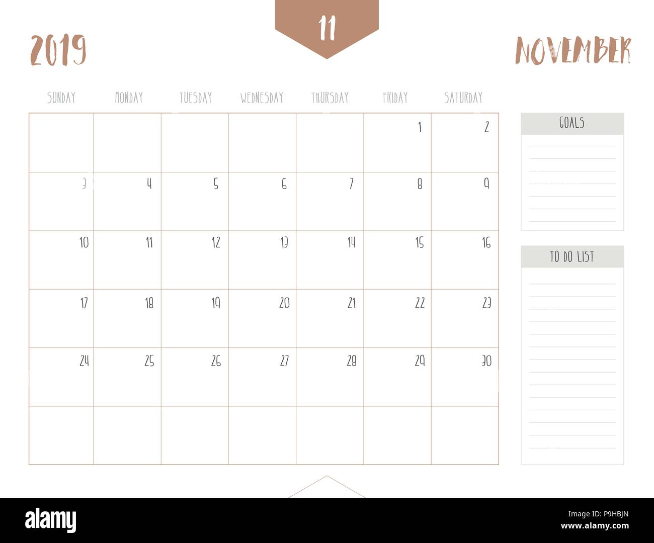 Der Vektor der Kalender 2019 (November) in einfachen sauberen Tisch Stil mit Zielen und zu tun, "Liste; volle Größe 21 x 16 cm; Woche starten am Sonntag Stock Vektor