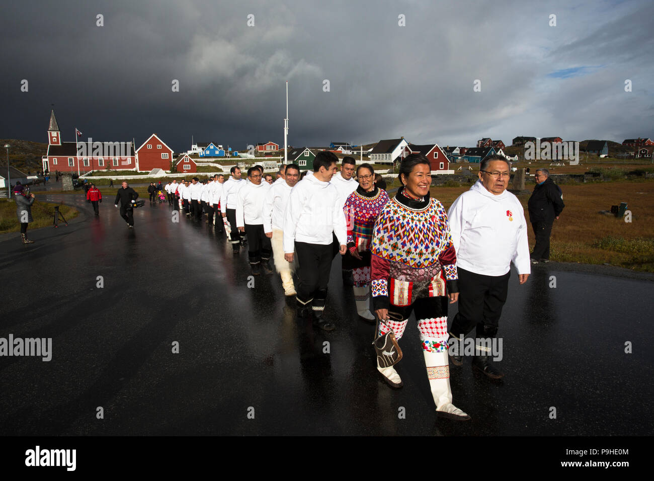 Premierminister Aleqa Hammond von Grönland führt der erste Tag des Parlaments in Nuuk, Grönland Stockfoto