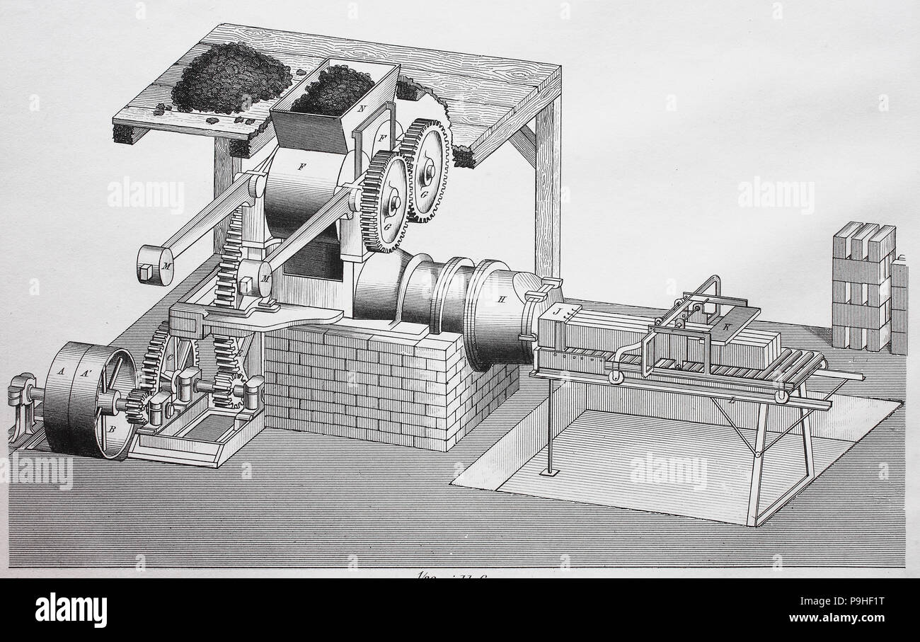 Eine dampfbetriebene Maschine für die Herstellung von Backsteinen, digital verbesserte Reproduktion eines Holzschnitt Drucken aus dem Jahr 1888 Stockfoto