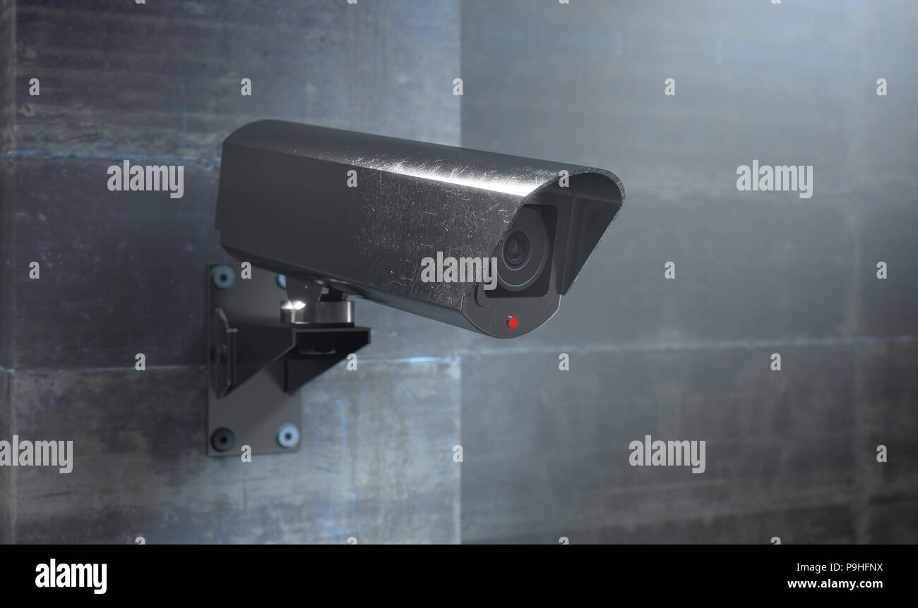 Ein drahtloses Überwachungskamera mit leuchtenden Lampen an der Wand in der Nacht montiert - Zeit mit Kopieren - 3D-Rendering Stockfoto