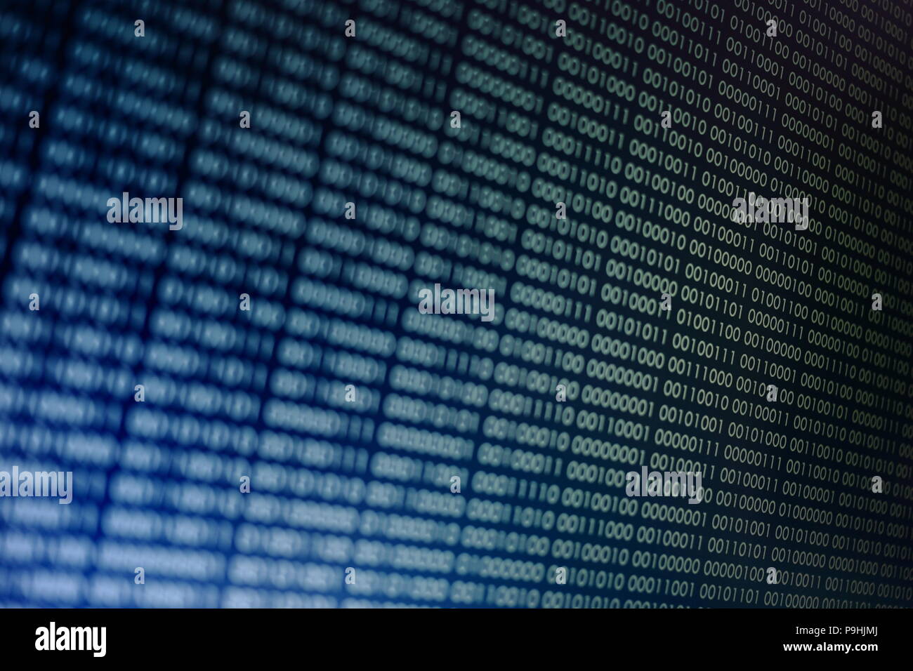 Blöcke von binären Daten. Blockchain Konzept. Blauer Hintergrund mit dem binären Code Bit Nummer eins und null Text. Stockfoto