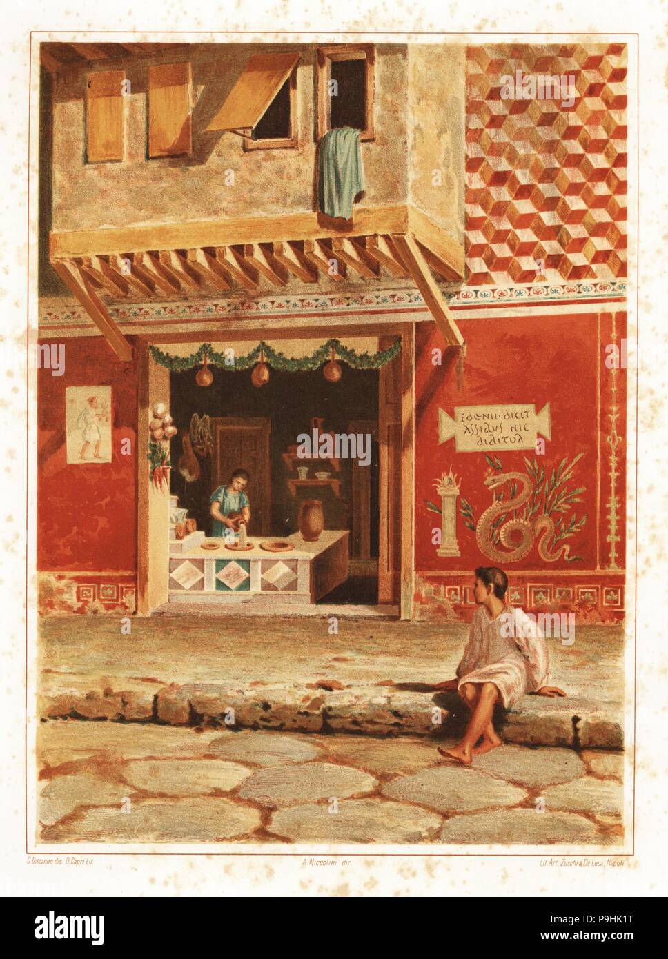 Shopfront mit einem überhängenden Balkon, Pompeji. Frau gießt Wasser in ein Becken in einem offenen Restaurant. Wände mit wandbild einer Schlange eingerichtet. Chromolithograph von D. Capri nach einer Illustration von G. Discanno von Antonio Niccolini von Pompeji: Ansichten und Restaurationen (Pompeji: Essaies et Restaurationen), durch Zucchi & De Luca, Neapel, 1898 veröffentlicht. Antonio war der Enkel des Architekten Antonio Niccolini Sr. Stockfoto