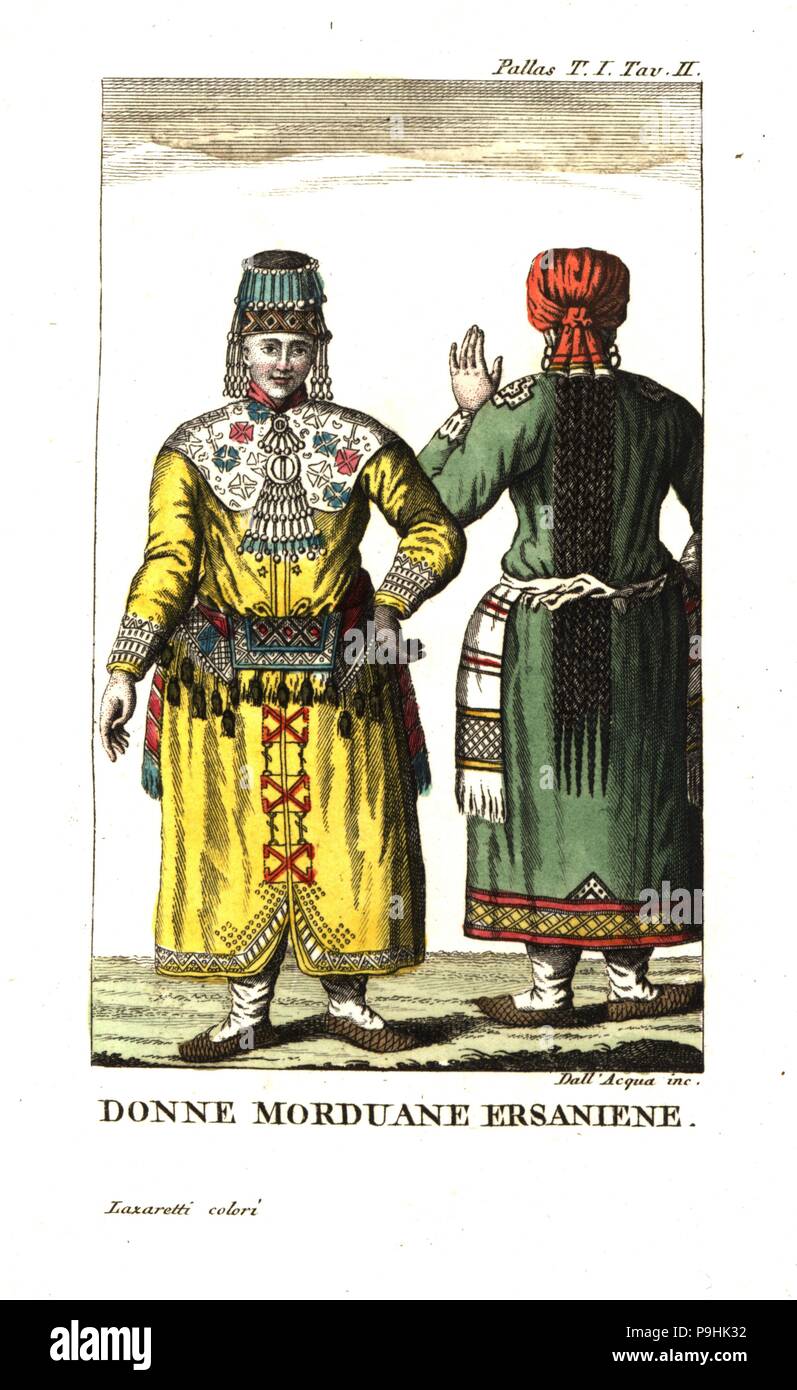 Frauen der Mordvin Erzya Menschen in Tracht. Steiermark. Abbildung kann von Peter Simon Pallas' Reise durch die südlichen Provinzen des russischen Reiches, 1812. Kupferstich von Dell'Acqua Papierkörbe durch Lazaretti von Giovanni Battista sonzogno's Sammlung der interessantesten Reisen (Raccolta de Viaggi Piu Interessanti), Mailand, 1815-1817. Stockfoto