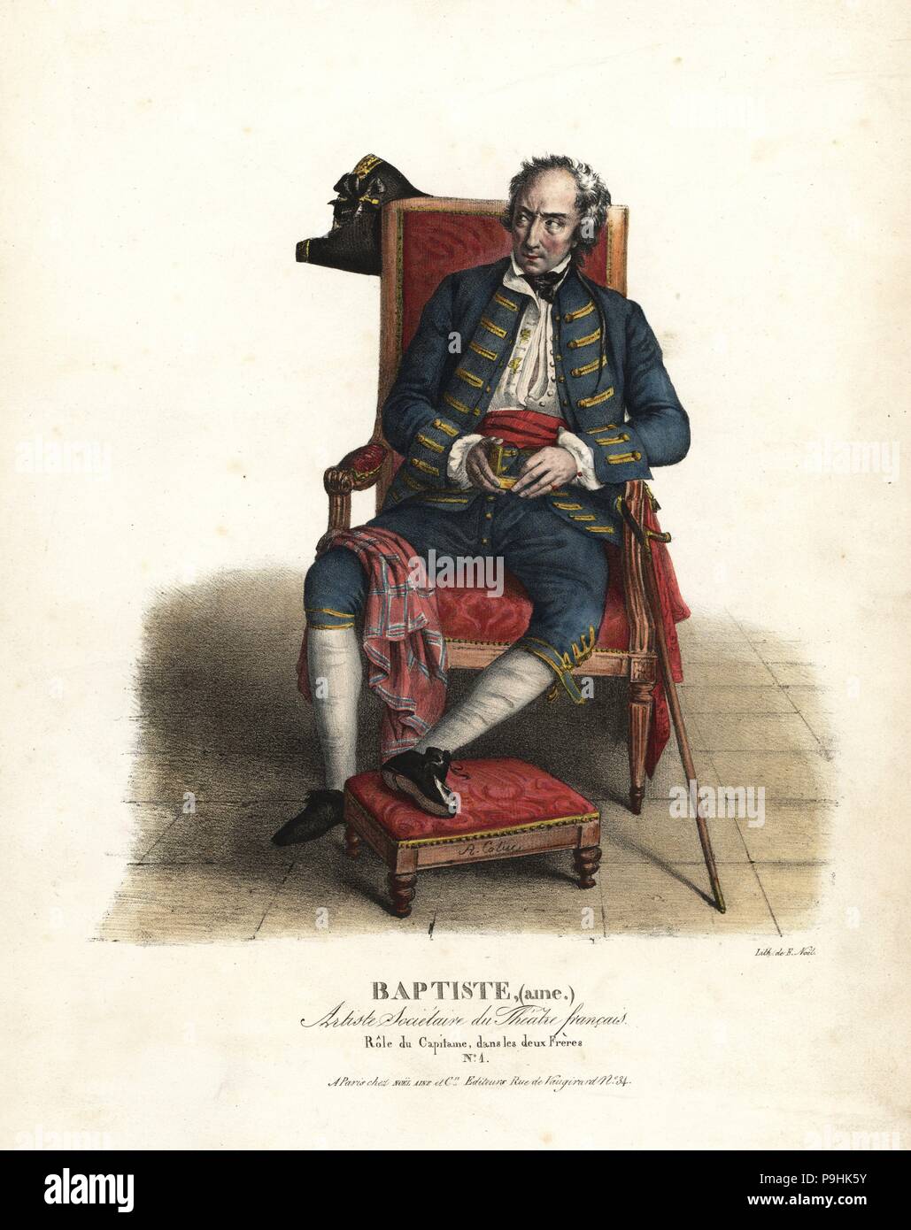 Nicolas Anselme Baptiste als Capitaine in Les Deux Freres von Kotzebue, Theater Francais, 1802. Papierkörbe Lithographie von F. Noel nach einer Illustration von Alexandre-Marie Colin von Portraits d'Acteurs et d'Schauspielerinnen unterschiedlichen Rollen dans, F. Noel, Paris, 1825. Stockfoto