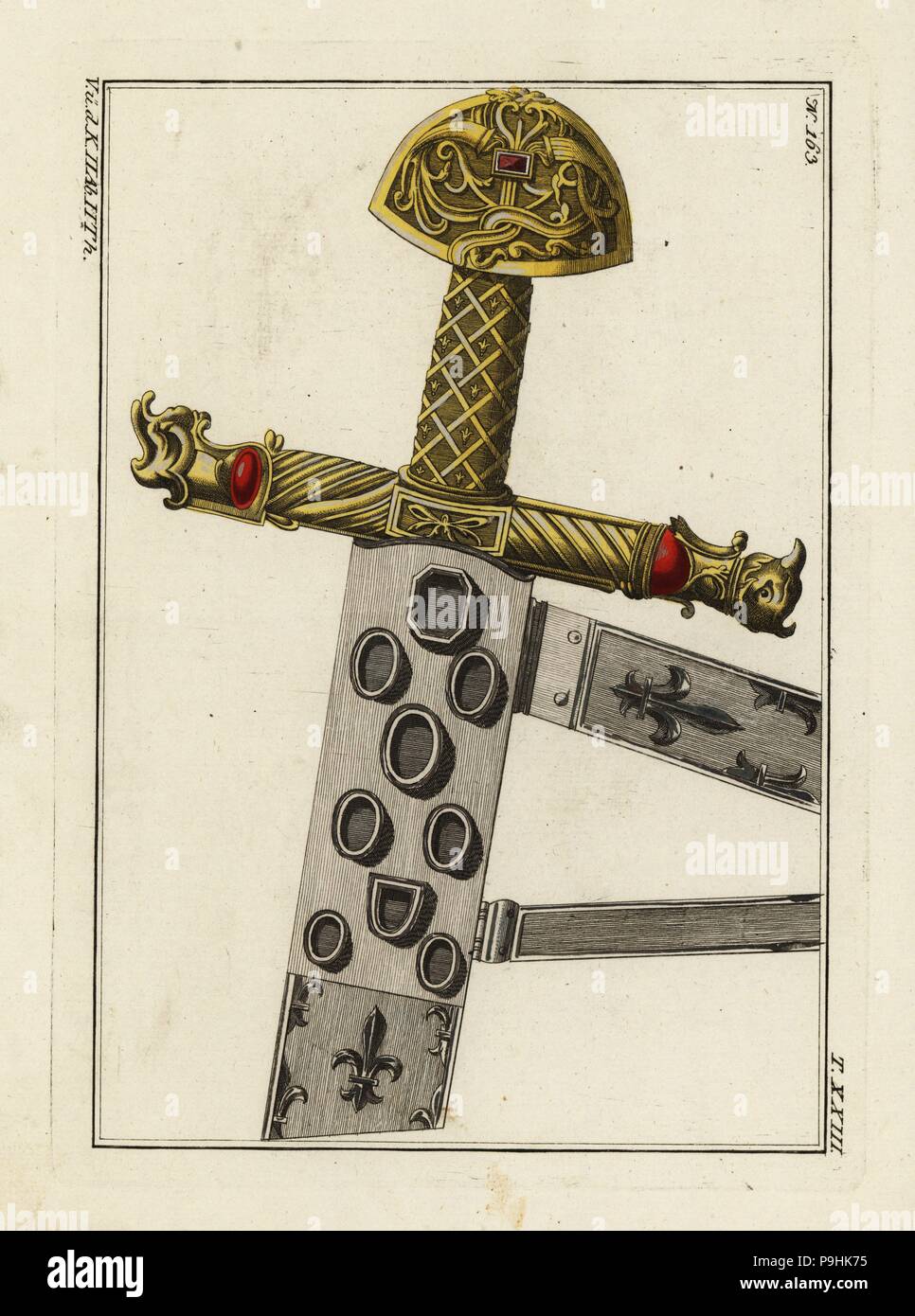 Karls des Großen Schwert, Scheide und Griff. Papierkörbe Kupferstich von Robert von Spalart das historische Bild der Kostüme der wichtigsten Menschen der Antike und des Mittelalters, Chez Collignon, Metz, 1810. Stockfoto