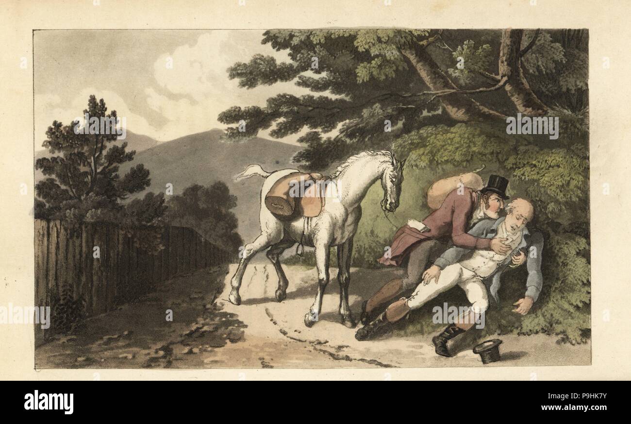 Johnny, ein Reisender, der von seinem Pferd geworfen worden zu unterstützen. Handkoloriert Kupferstich von Thomas Rowlandson aus William Combe die Geschichte von Johnny Quae Genus, das kleine Findelkind der späten Arzt Syntax, Ackermann, London, 1822. Stockfoto