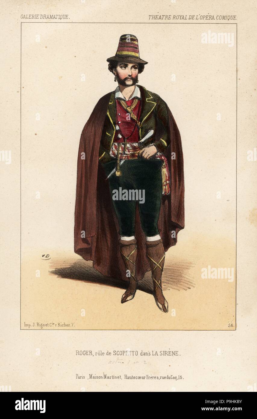 Tenor Sänger Roger als Scopetto Gustave-Hippolyte in La Sirene von Daniel Auber und Eugene Scribe, das Theatre Royal de l'Opéra Comique, 1844. Papierkörbe Lithographie nach einer Zeichnung von Victor Dollet vom Galerie Dramatique: Kostüme des Theater de Paris, Paris, 1845. Stockfoto