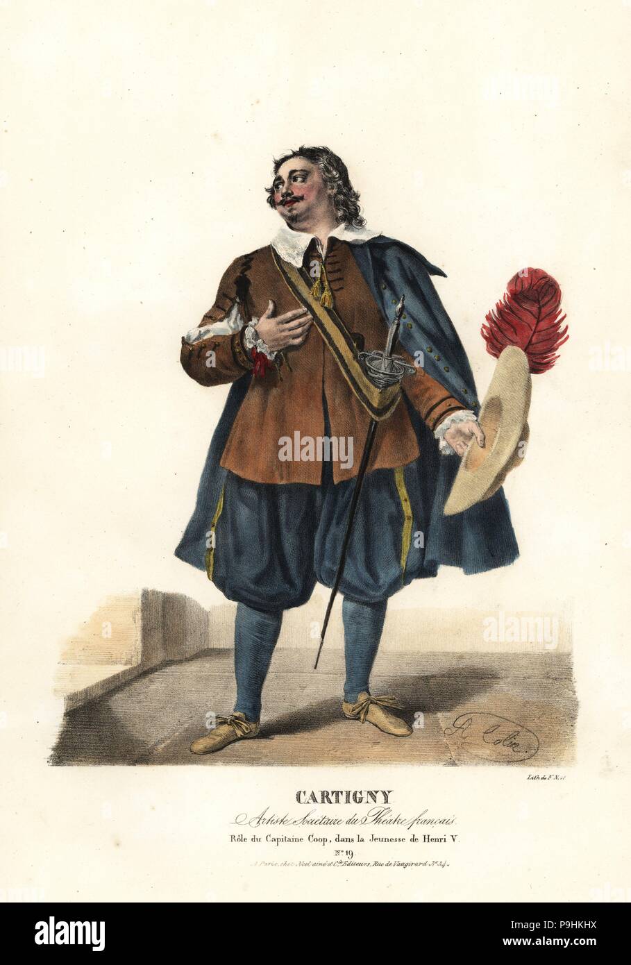 Claude Cartigny als Capitaine Coop in La Jeunesse de Henri V von Alexandre Duval, Theatre Francais, 1823. Handkoloriert Lithographie von F. Noel nach einer Illustration von Alexandre-Marie Colin aus Porträts d'Acteurs et d'Actrices Dans verschiedene Rollen, F. Noel, Paris, 1825. Stockfoto
