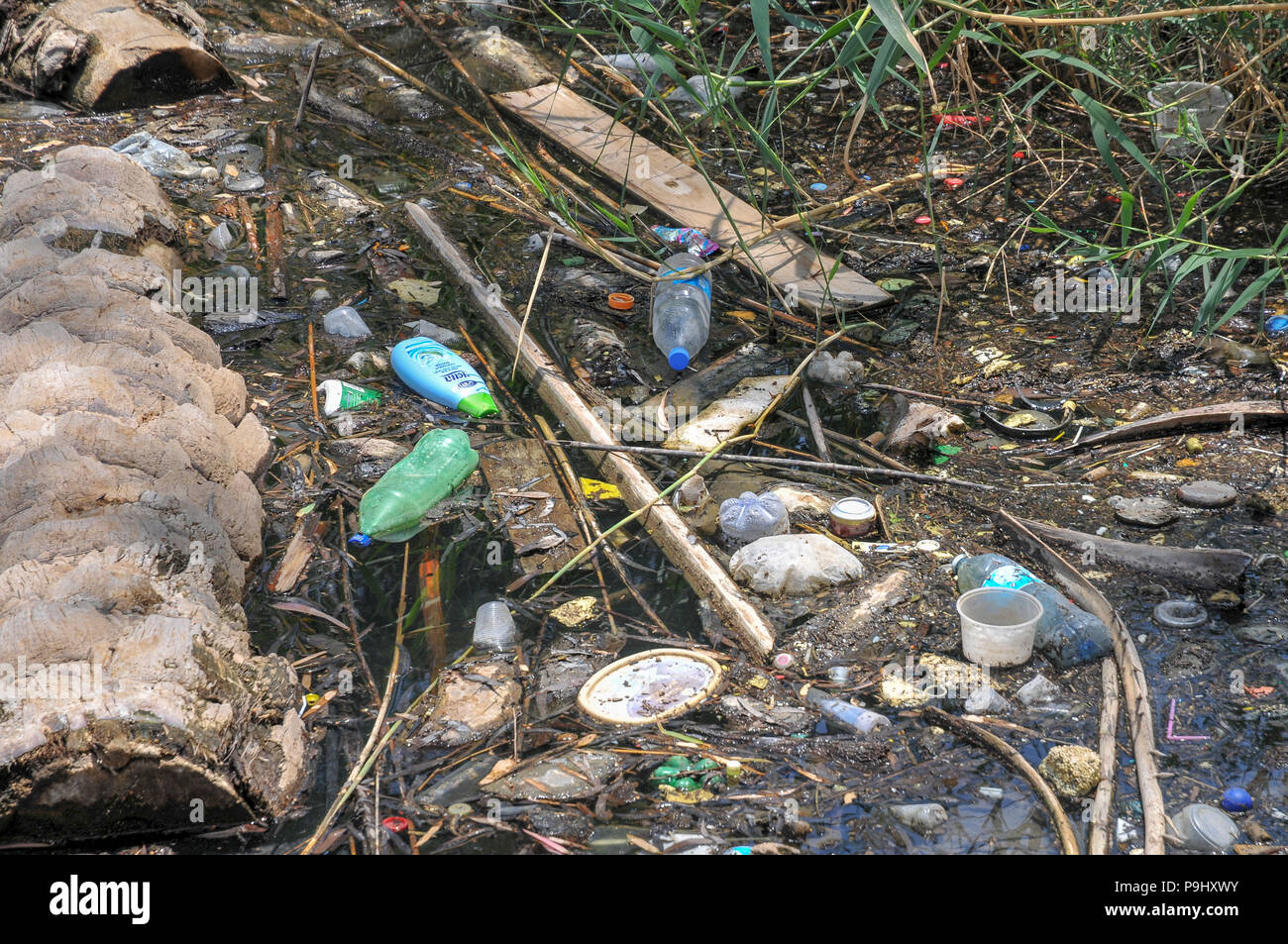 Plastikmüll schwimmt im Wasser an Alumot Dam. Ein Damm auf der südlichen (oder niedriger) Jordan 3 km südlich des Sees Genezareth, die im wesentlichen Baustein Stockfoto