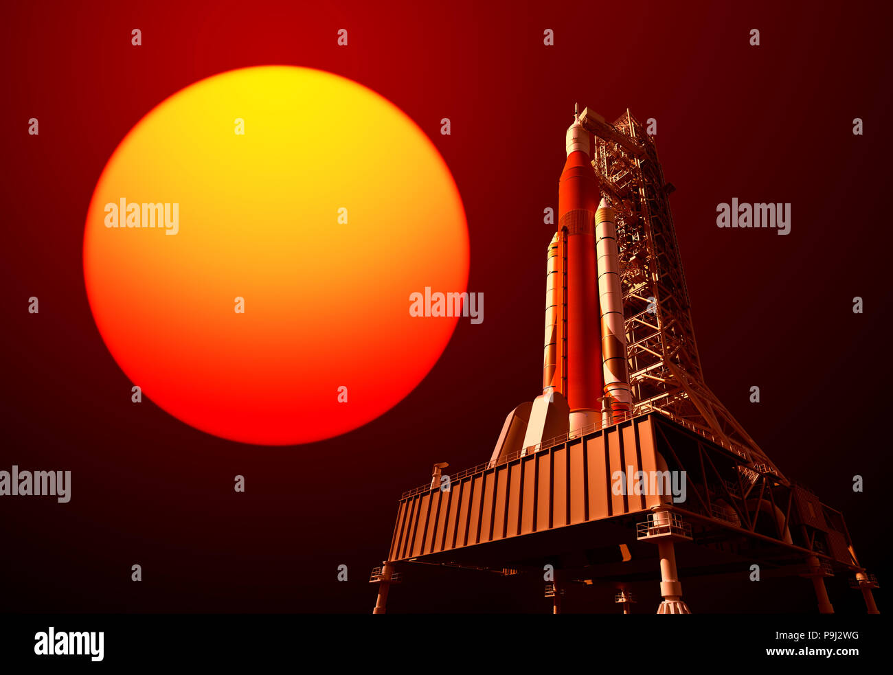 Space Launch System auf Launchpad und Rote Sonne 3D-Abbildung. Stockfoto