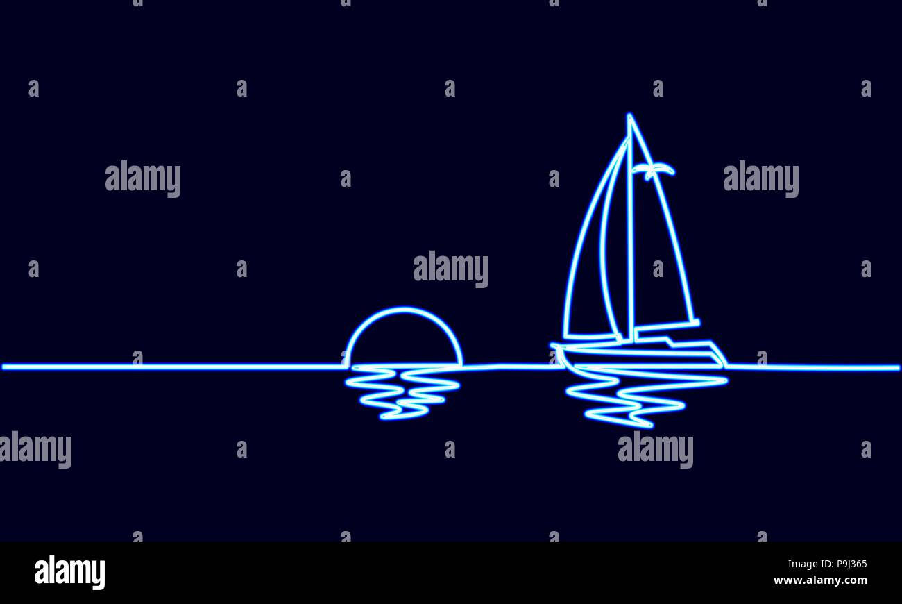 Leuchtreklame durchgehenden eine Zeile Kunst sonnigen Ozean reisen urlaub. Seefahrt Schiff Yacht Luxus Reise Sonnenuntergang Konzept Design Skizze skizzieren Licht Stock Vektor
