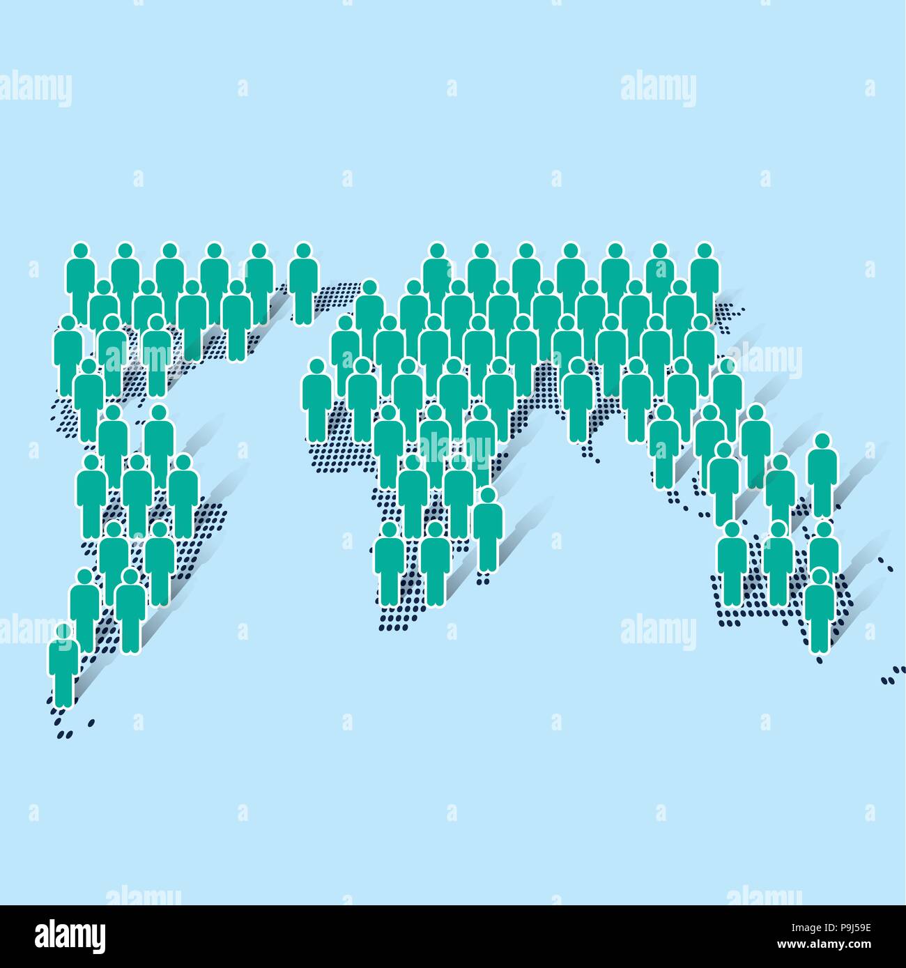 Geschäftsmann Symbol stehend auf modernen Welt Karte auf blauem Hintergrund. Für soziale, Bevölkerung Begriff - Flachbild Vector Illustration Stock Vektor