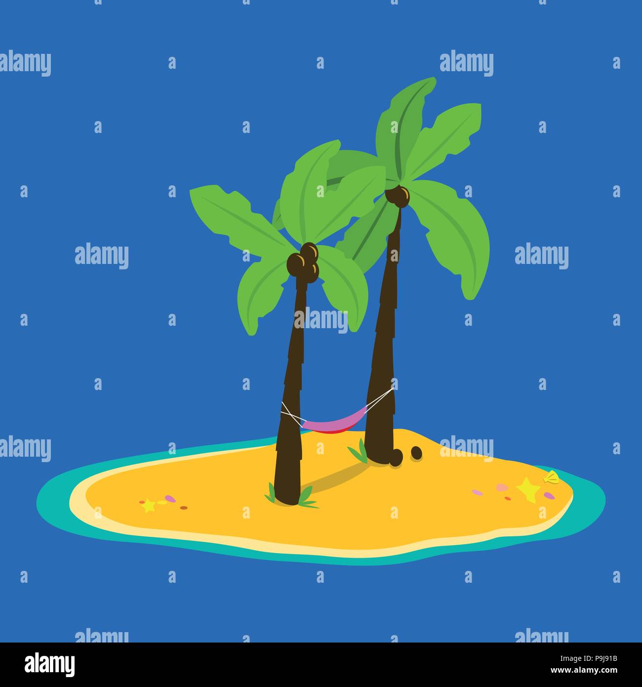 Eine schöne einsame Insel mit Palmen und einer Hängematte. Vector Illustration Stock Vektor