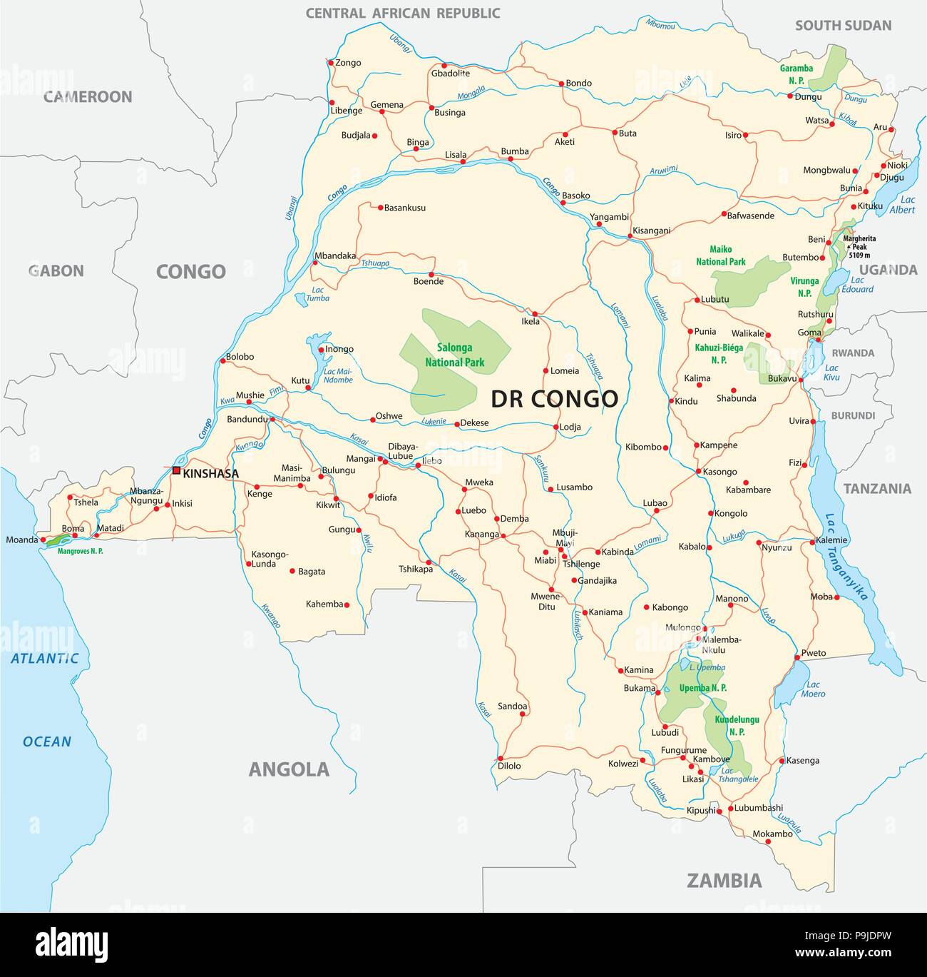 Demokratische Republik Kongo Straße Vektorkarte Weichplastik. Stock Vektor