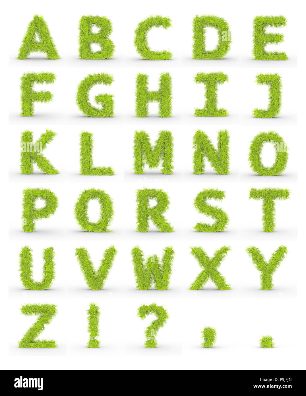 Grüne pelz Alphabet Buchstaben auf weißem Hintergrund Stockfoto