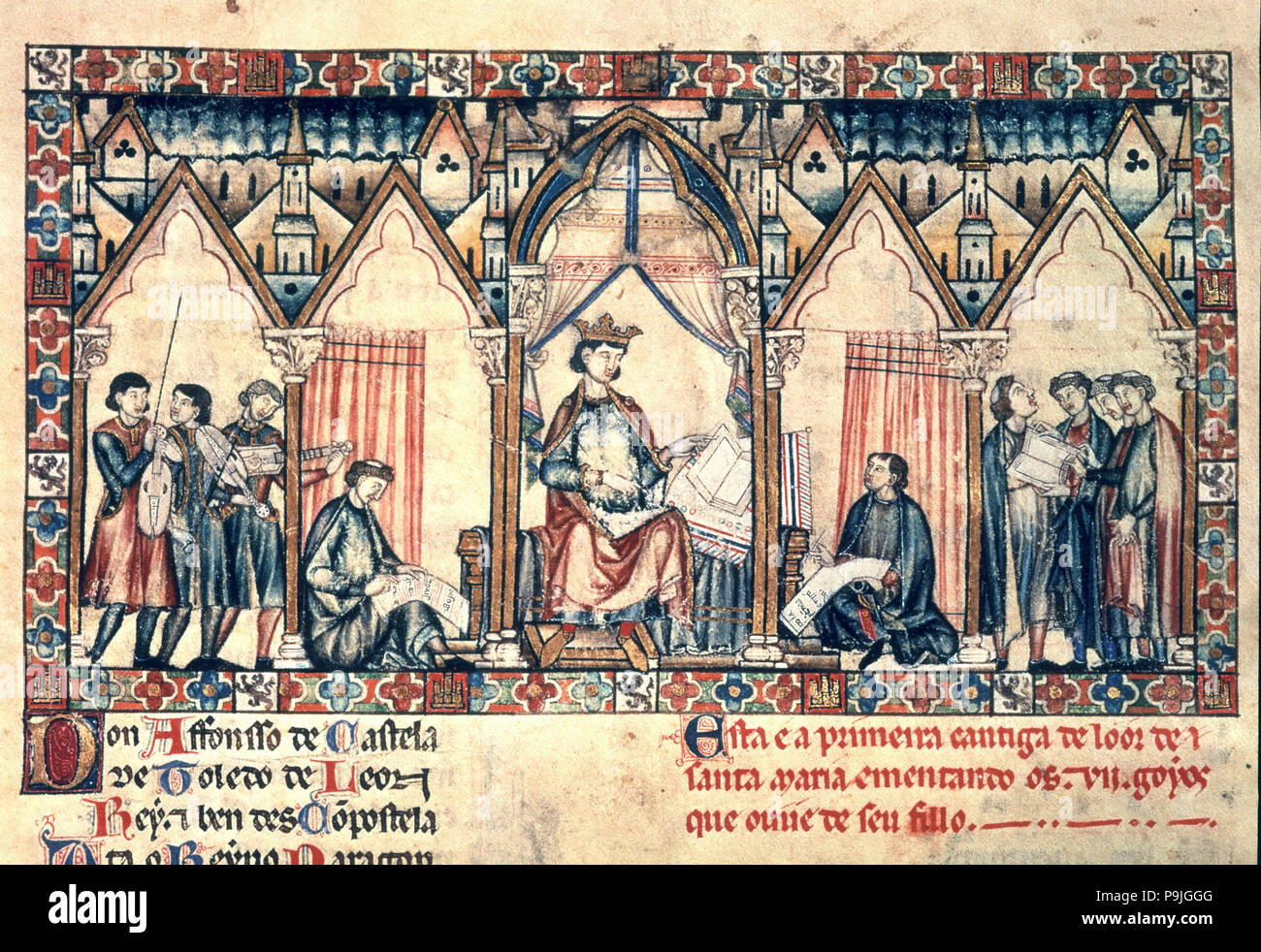 Alfonso X' der Salbei" (1221-1284), König von Kastilien und Leon, miniada Seite seiner Arbeit "Die Cantigas… Stockfoto