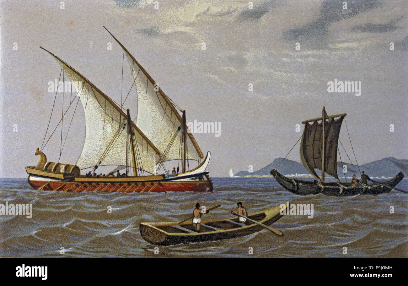 Phönizische Handel Schiff und Fischerboote, Lithographie, 1875. Stockfoto