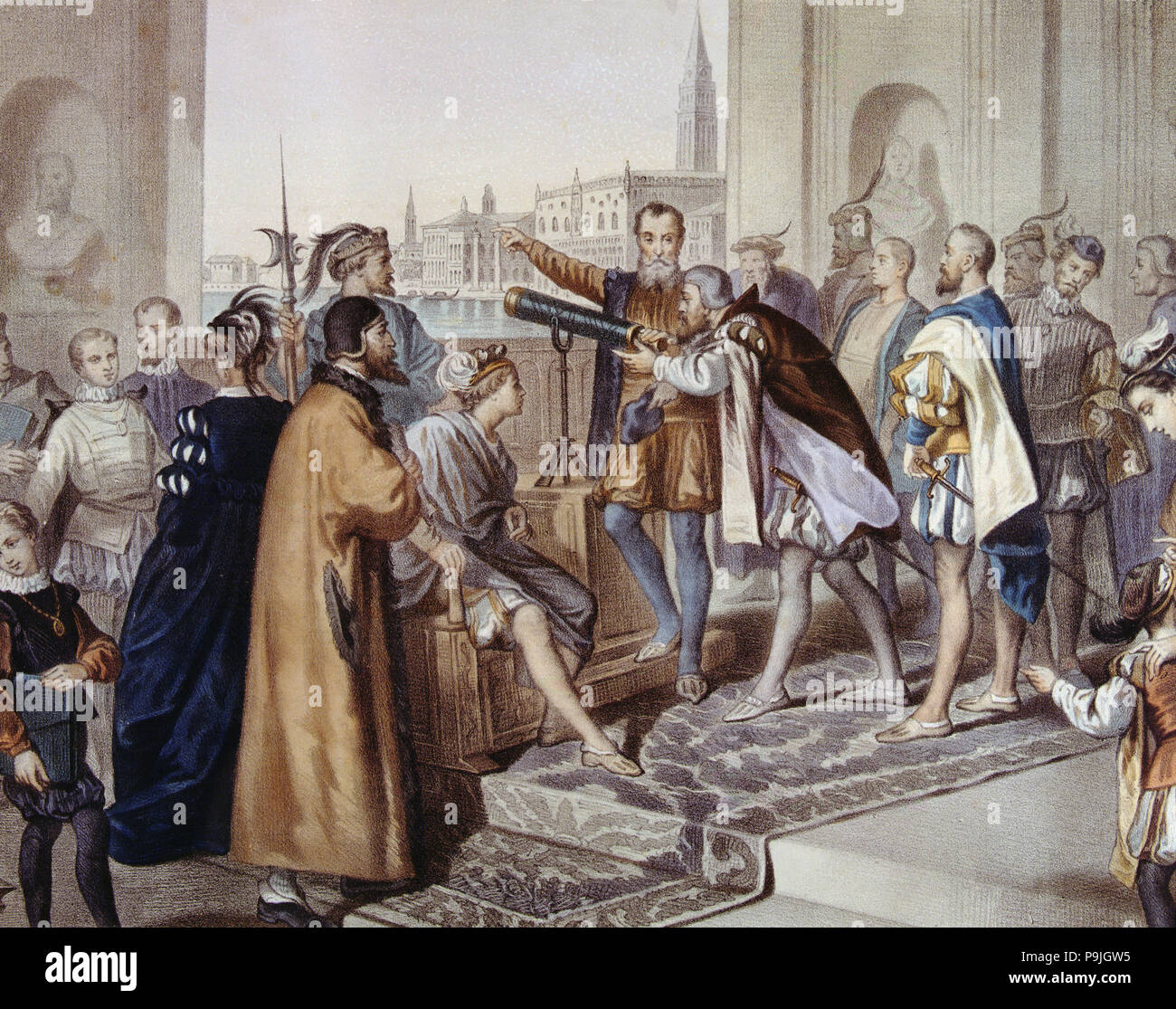 Galileo Galilei (1564-1642), italienischer Astronom und Physiker, der seine Erfindung der Tele... Stockfoto