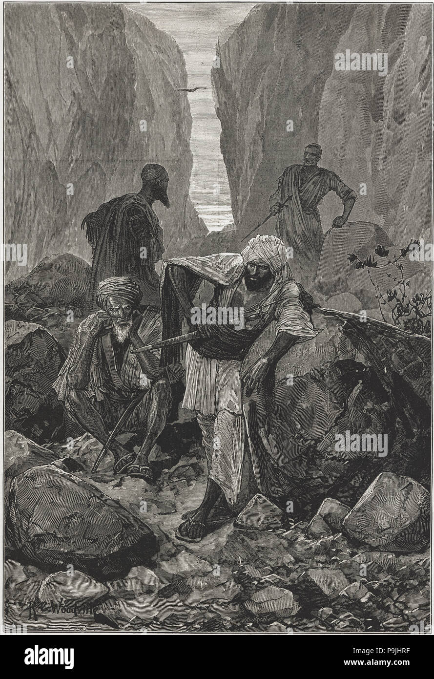 British-Afghan Krieg, afghanische Krieger, die im Hinterhalt in den Khaiberpass, Kupferstich aus dem Jahr 1878. Stockfoto