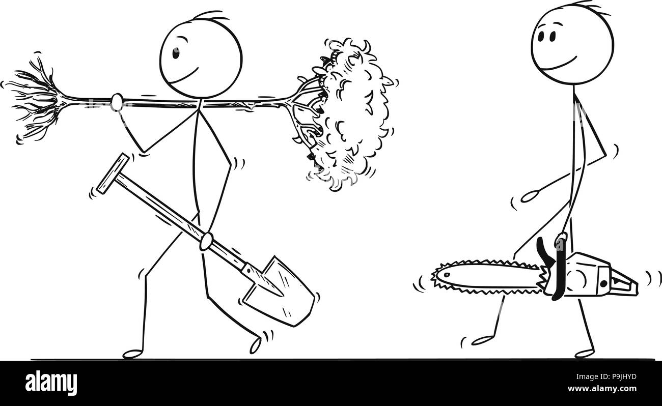Cartoon von Mann mit Spaten, einen Baum pflanzen, ein anderer Mann mit Kettensäge zu schneiden ist es Hinunter Stock Vektor