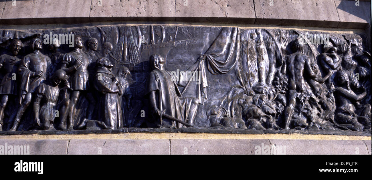 Detail der bas-relief im Denkmal von Christoph Kolumbus in Barcelona, allegorischen Szene… Stockfoto