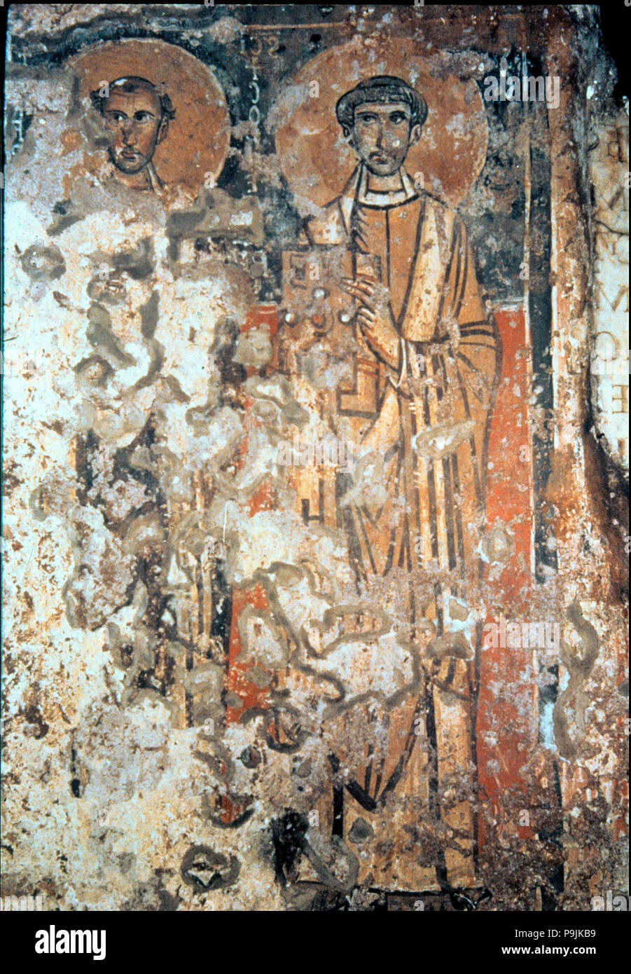 Gemälde mit Heiligen Cyprian und Calixtus, Fresko in der Katakomben des hl. Calixtus in Rom. Stockfoto