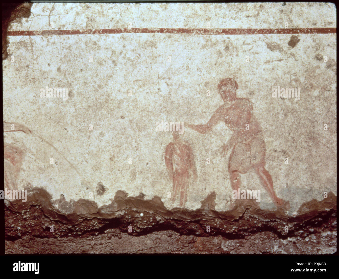 Szene einer Taufe, Fresko aus den Katakomben von St. Kalixtus in Rom. Stockfoto