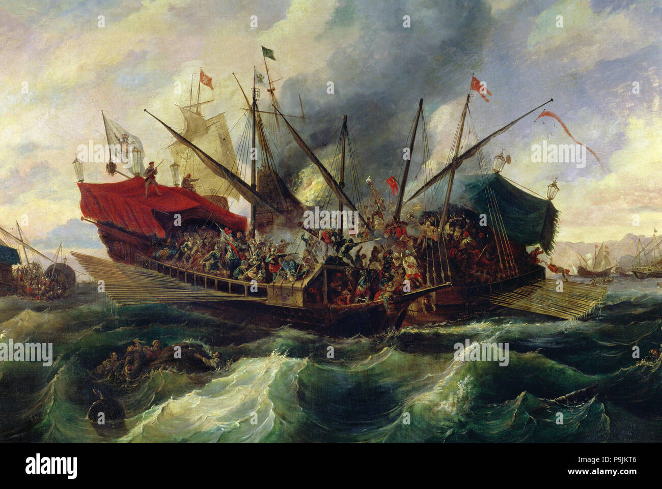 Schlacht von Lepanto 7-10 - 1571, Seeschlacht zwischen den Armeen der Heiligen Liga und kämpfte die… Stockfoto