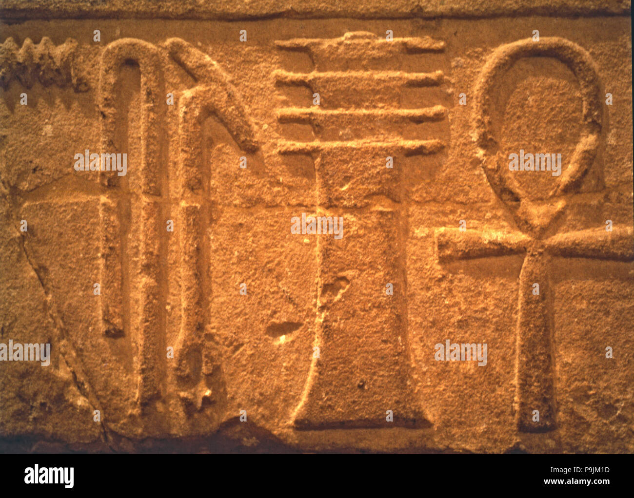 Gott Zed zwischen Hieroglyphen in Stein gemeißelt. Stockfoto