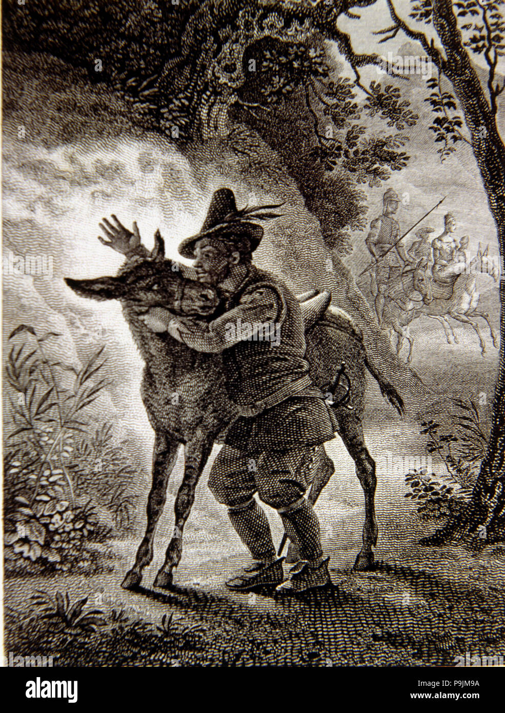 Szene in "Don Quixote von La Mancha", in denen Sancho sein graues Pferd findet, französische Ausgabe, Paris, 182 ... Stockfoto