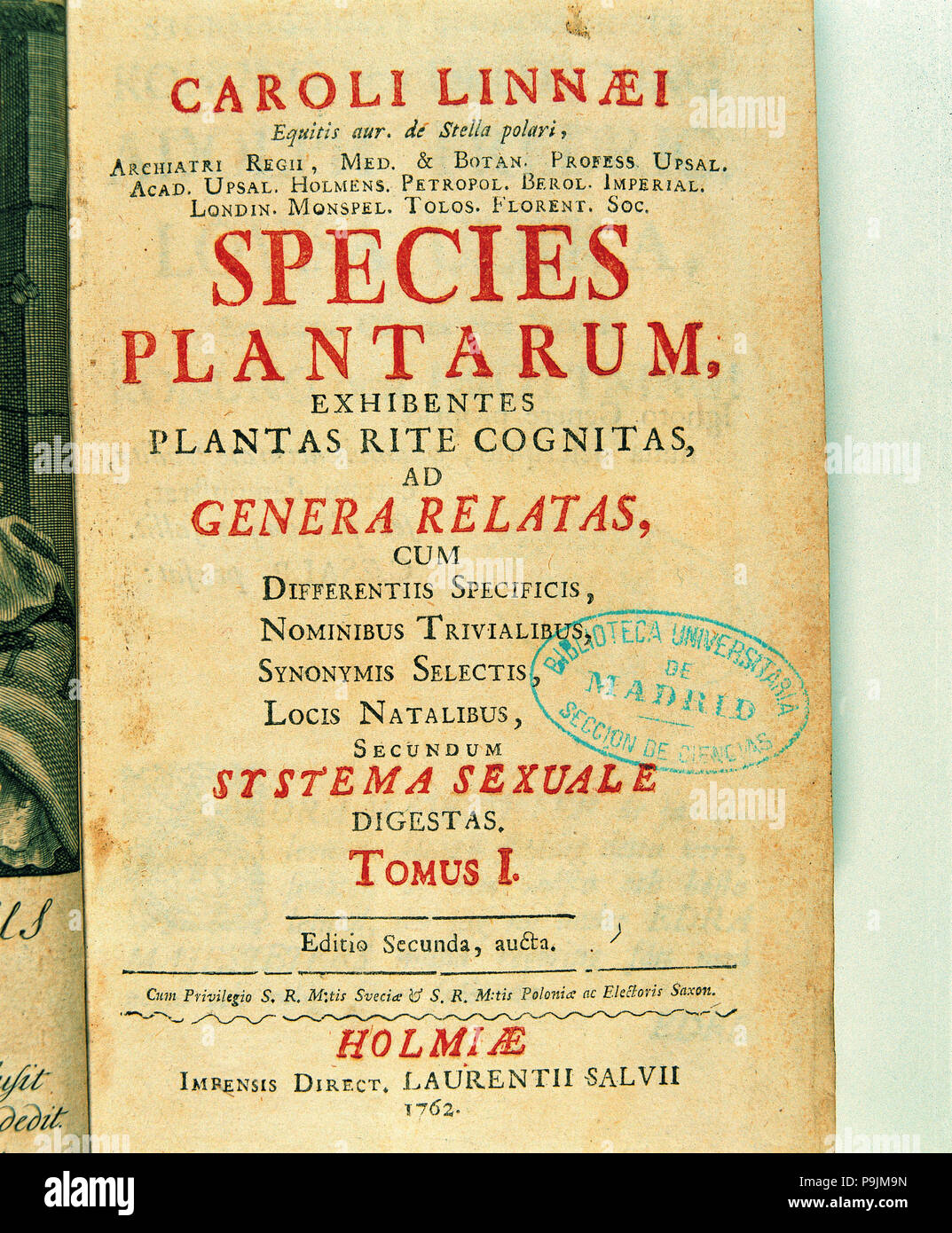 Titelblatt von "Art plantarum', von Charles Linnaeus, 1762. Stockfoto