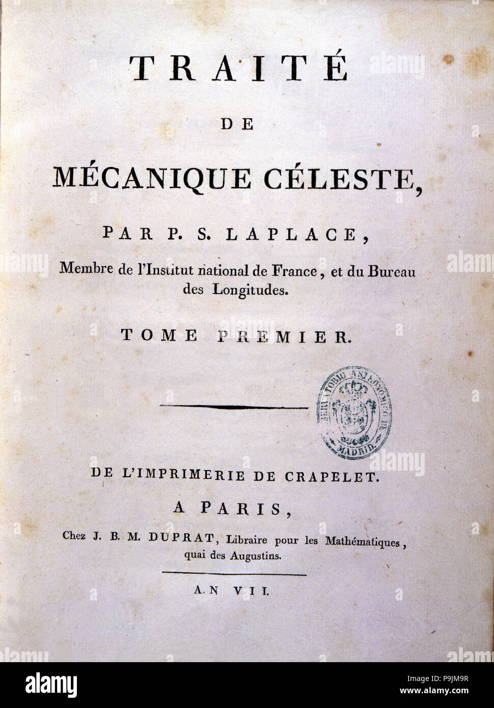 Deckel", "Traité de Mécanique céleste", die von Pierre Simon Laplace, in Paris veröffentlicht. Stockfoto Deckel", "Traité de Mécanique céleste", die von Pierre Simon Laplace, in Paris veröffentlicht. Stockfoto