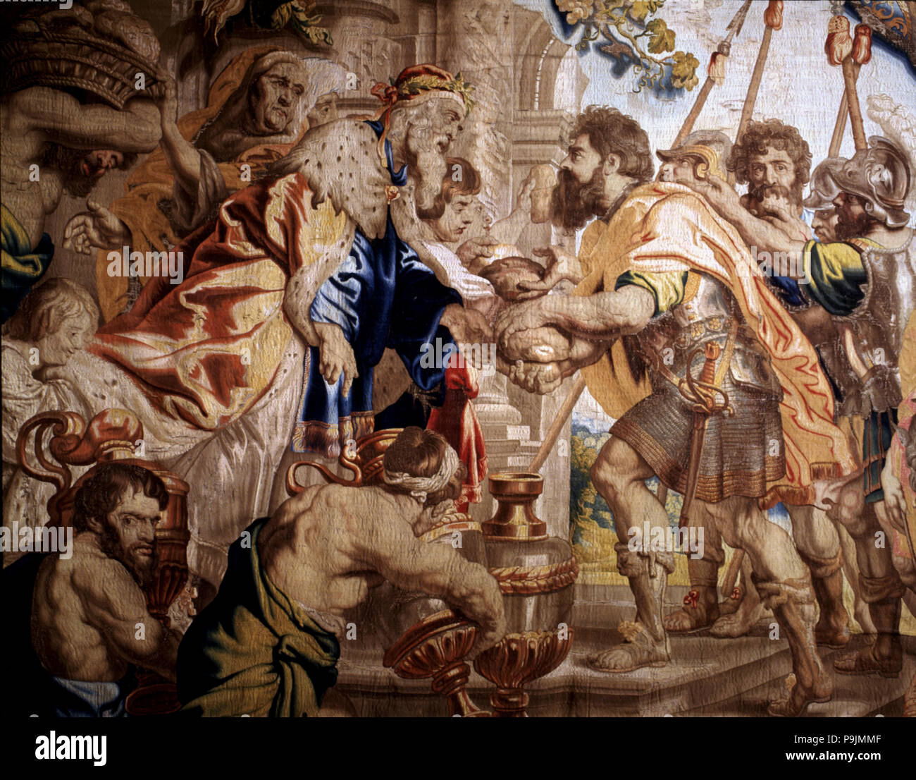 Detail aus einem Wandteppich mit der 'Meeting von Abraham und Melchisedek" in Brüssel von Raes Jeans gewebt. Stockfoto