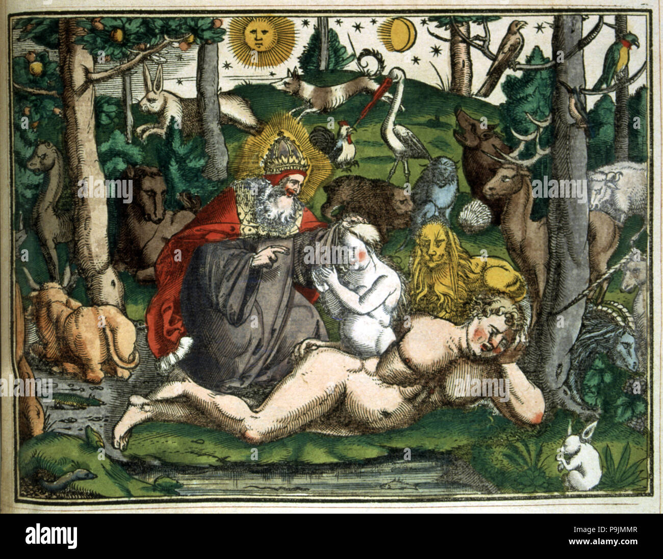 Gravur "Historiae Animalium" Jahr 1551 mit Adam und Eva im Paradies. Stockfoto