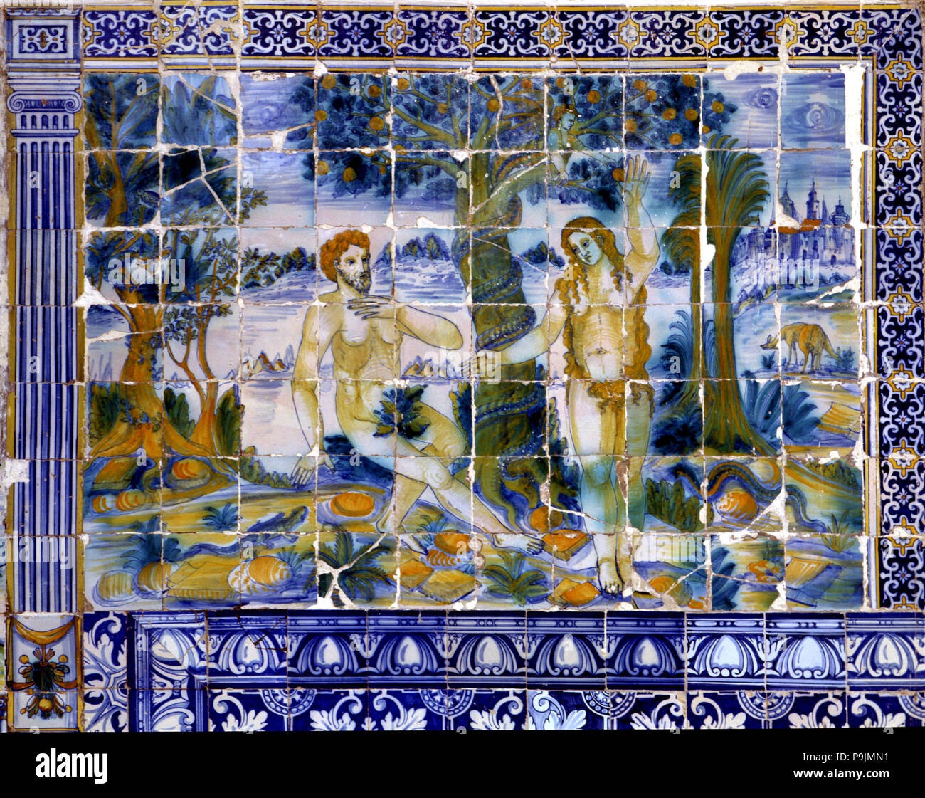 Tile panel mit Adam und Eva im Paradies. Stockfoto