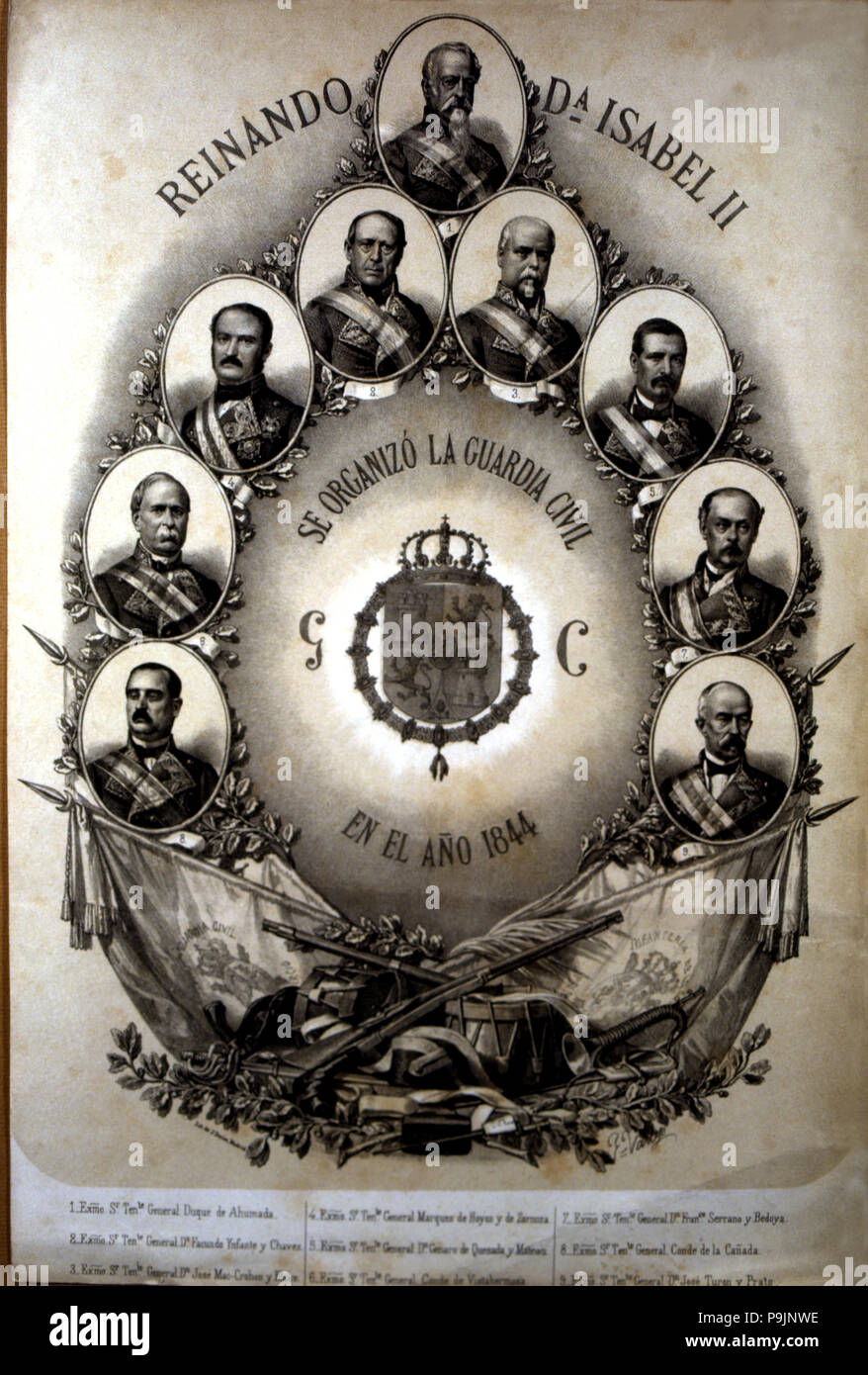 Gründung der Guardia Civil 1844, Porträts der Gründer unter dem Vorsitz von Marquis von Ahumad… Stockfoto