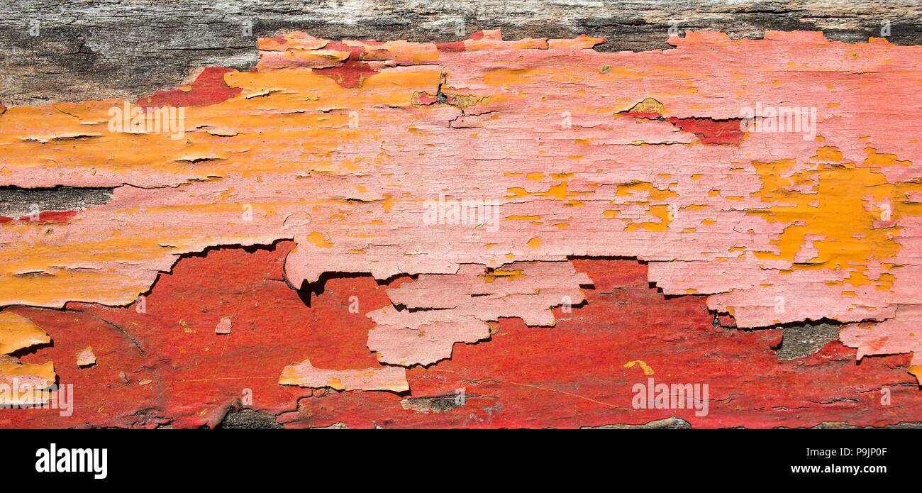 Verwittertes Holz mit roten, rosa und orange farbige Rückstände, Detail, das Hintergrundbild Stockfoto