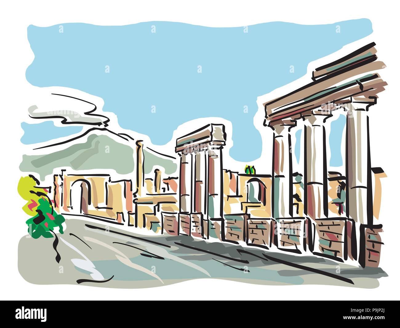 Vector Illustration der Ausgrabungen von Pompeji, mit dem Vesuv im Hintergrund Stock Vektor