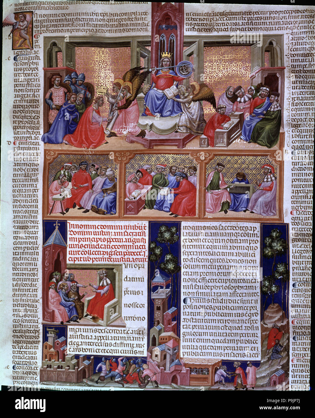 Abdeckung mit verschiedenen Szenen. Miniatur im "Codex Justinian Institutiones Feudorum et Alia', c1300. Stockfoto